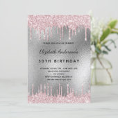Verjaarfeest zilveren glitter druppelt roze kaart (Staand voorkant)