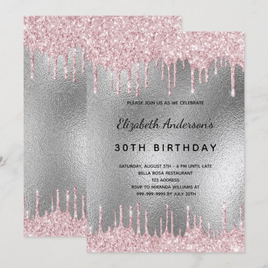 Verjaarfeest zilveren glitter druppelt roze kaart (Voorkant / Achterkant)