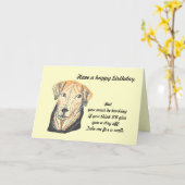 Verjaarkaart, Cute en grappige hond met een grap. Kaart (Gele Bloem)