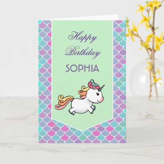 Verjaarkaart met eenhoorn- en zeemeerminnschaal kaart (Gele Bloem)