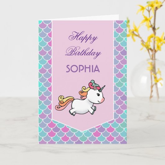 Verjaarkaart met eenhoorn- en zeemeerminnschaal kaart (Gele Bloem)