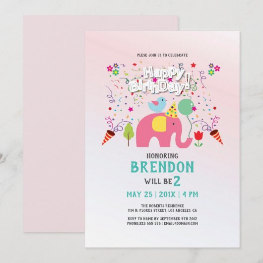 Verjaarkaart met olifant en vogel kaart (Voorkant / Achterkant)
