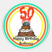 Verjaarskook in brand met 50 kaarsen ronde sticker (Voorkant)