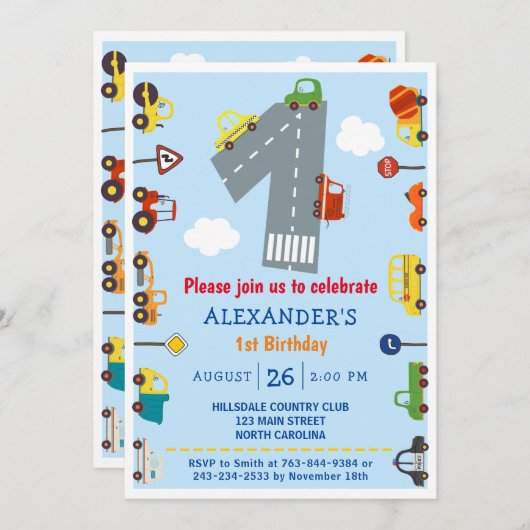 Verkeer 1e verjaardag uitnodiging (Voorkant / Achterkant)