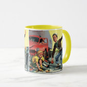 Verkeersbrigadier uit het verleden helpt meisje mok (Voorkant rechts)