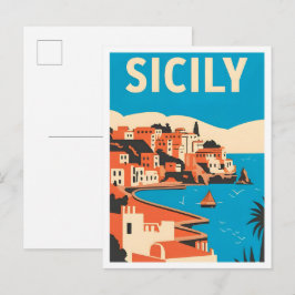 Verken Sicilië Italië Vintage Reisillustratie Briefkaart