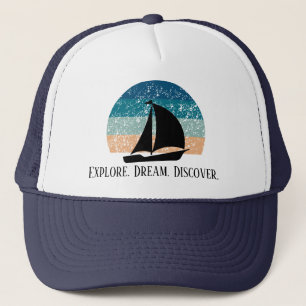Verkennen. Droom. Ontdekken. Travel Trucker Hat Pet