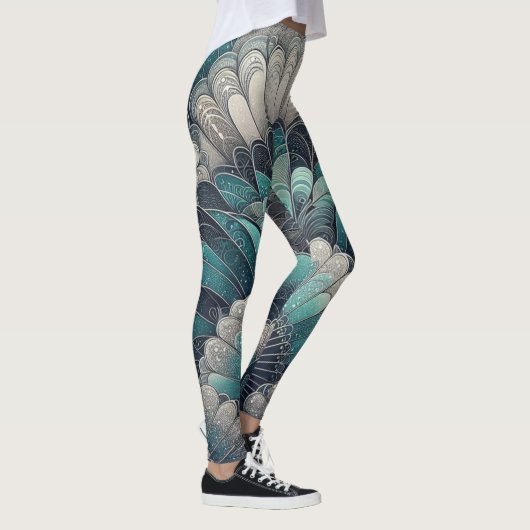 Verklaring Art Nouveau Blauw Zilver Fans Leggings (Rechts)