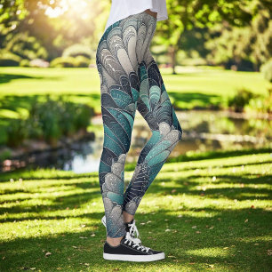 Verklaring Art Nouveau Blauw Zilver Fans Leggings