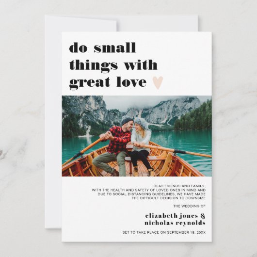 Verkleinde fotobetrokkingskaart voor microbruiloft aankondiging (Voorkant)