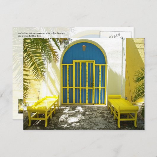 Verkleurde blauwe deur met gele banken briefkaart (Voorkant / Achterkant)