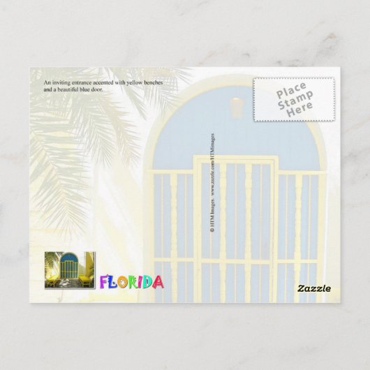 Verkleurde blauwe deur met gele banken briefkaart (Achterkant)