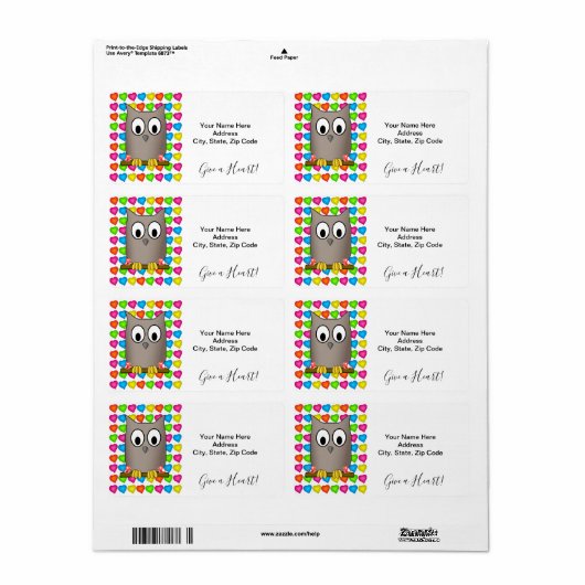 Verkleurde harten Owl Geef een hartlabel Etiket (Full Sheet)
