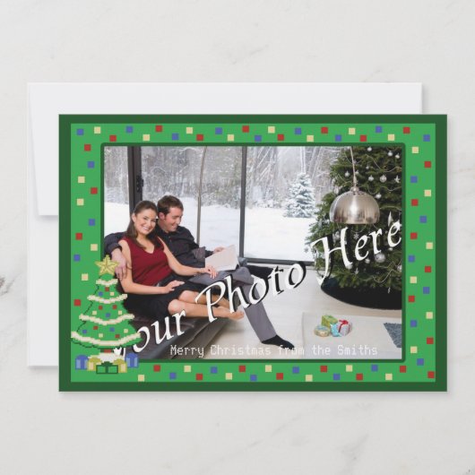 Verkleurde kerstboom met 8-bits videogame-stijl feestdagenkaart (Voorkant)