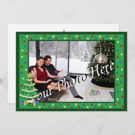 Verkleurde kerstboom met 8-bits videogame-stijl feestdagenkaart (Voorkant / Achterkant)