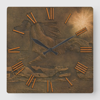 Verkleuring van wilde gekiriseerde paarden in kuns vierkante klok