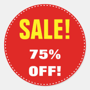 "VERKOOP!" "75% UIT!" Verkoop ronselaar Ronde Sticker
