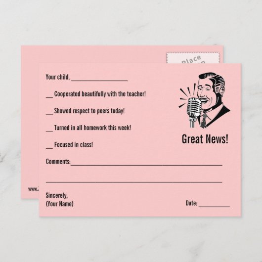 VERKOOP - CUSTOM Teacher Note Home - Roze Briefkaart (Voorkant / Achterkant)