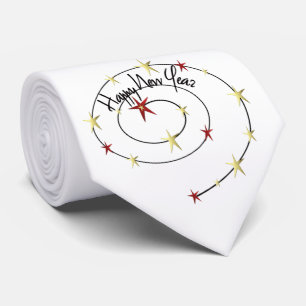 Verkoop - Gelukkig nieuwjaar Gold Red Stars White  Stropdas