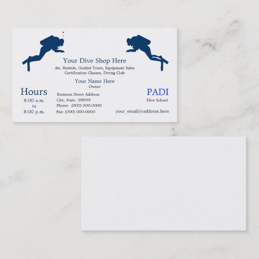 Verkoop van duikuitrusting, verhuur visitekaartje (Voorkant / Achterkant)