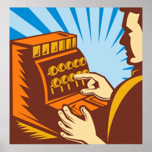 verkoopmedewerker met kasregister wpa - stijl poster
