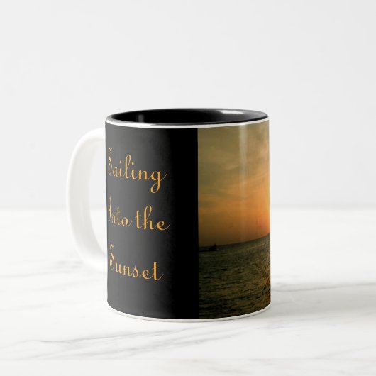 Verkoping naar de zonsondergang tweekleurige koffiemok (Voorkant links)