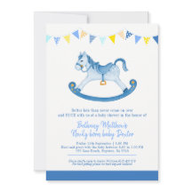 Verlaat Baby shower blauw schommelpaard met baby
