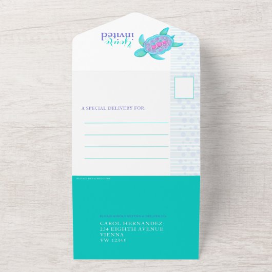 Verlaat Baby shower waterverf schildpad aqua All In One Uitnodiging (Buitenkant)