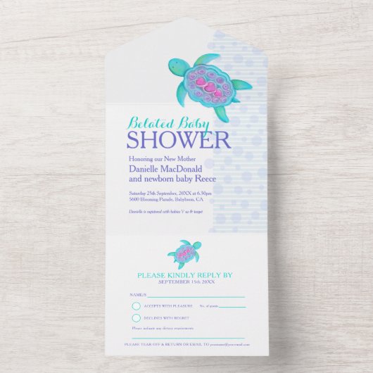 Verlaat Baby shower waterverf schildpad aqua All In One Uitnodiging (Binnen)