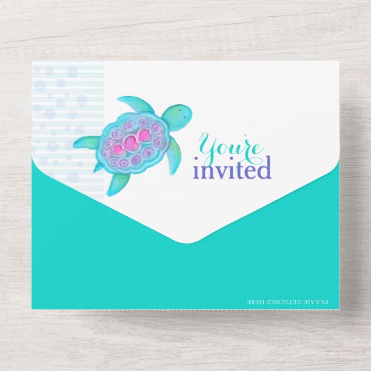 Verlaat Baby shower waterverf schildpad aqua All In One Uitnodiging (Achterkant)