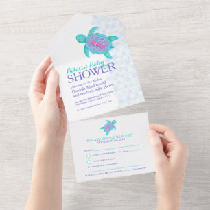 Verlaat Baby shower waterverf schildpad aqua All In One Uitnodiging