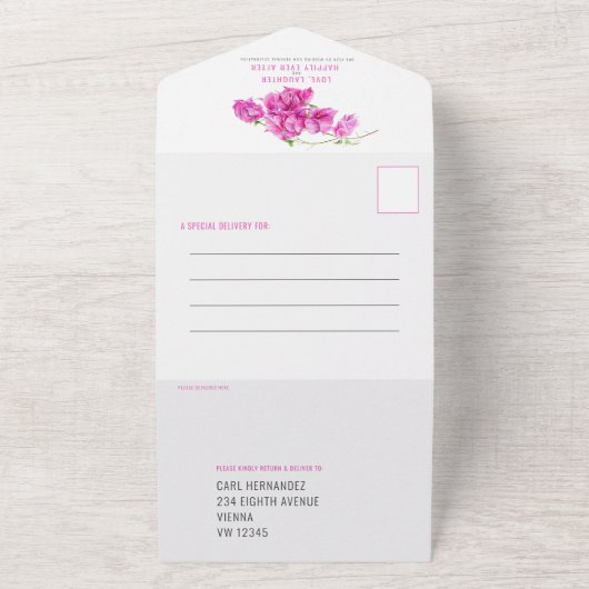 Verlaat Bruiloft feest roze bougainvillea All In One Uitnodiging (Buitenkant)