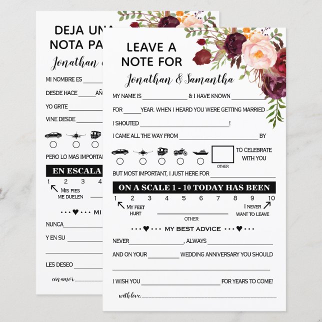 Verlaat een Nota voor Pas getrouwd Bilingual Marsa (Voorkant / Achterkant)