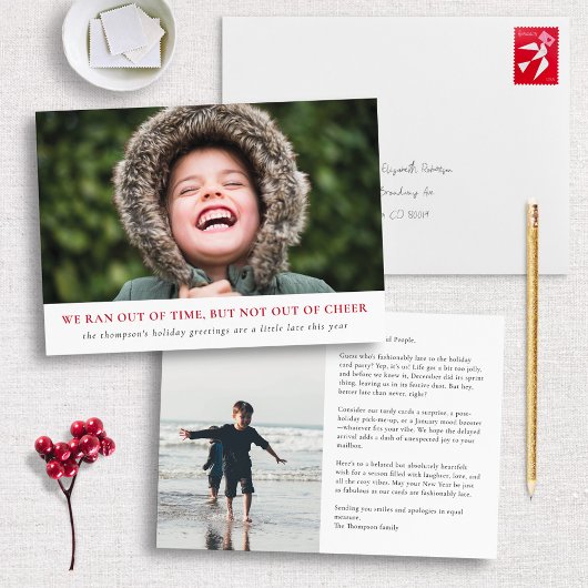 Verlaat feestvreugde, late groeten dit jaar feestdagenkaart