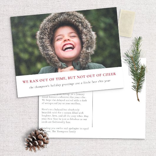 Verlaat feestvreugde, late groeten dit jaar feestdagenkaart