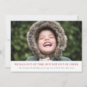 Verlaat feestvreugde, late groeten dit jaar feestdagenkaart (Voorkant)