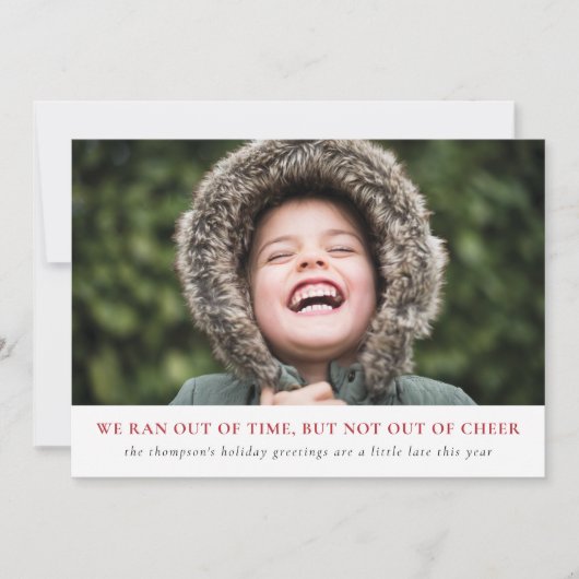 Verlaat feestvreugde, late groeten dit jaar feestdagenkaart (Voorkant)