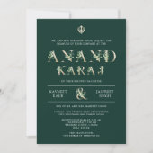 Verlaat Typografie Groen Anand Karaj Sikh Bruiloft Kaart (Voorkant)