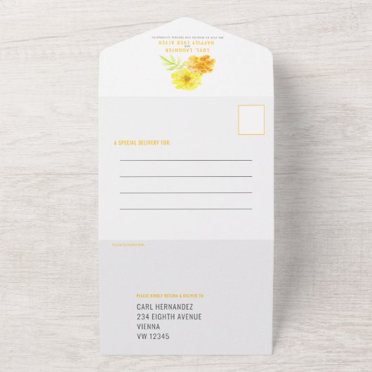 Verlate bruiloft gele goudsbloem waterverf all in one uitnodiging (Buitenkant)