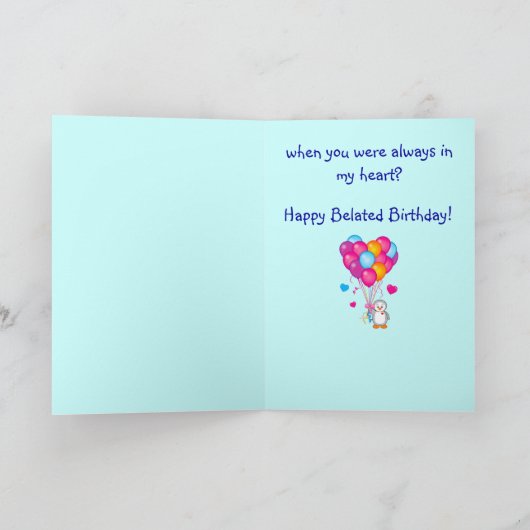 Verlate verjaardag met zoete pinguïn en ballonnen kaart (Binnen)