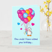 Verlate verjaardag met zoete pinguïn en ballonnen kaart (Gele Bloem)