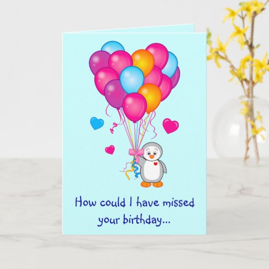 Verlate verjaardag met zoete pinguïn en ballonnen kaart (Gele Bloem)