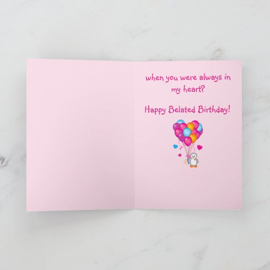 Verlate verjaardag met zoete pinguïn en ballonnen kaart (Binnen)