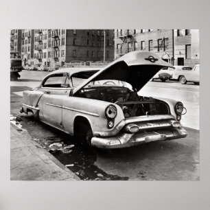Verlaten auto, 1964. Oude foto Poster