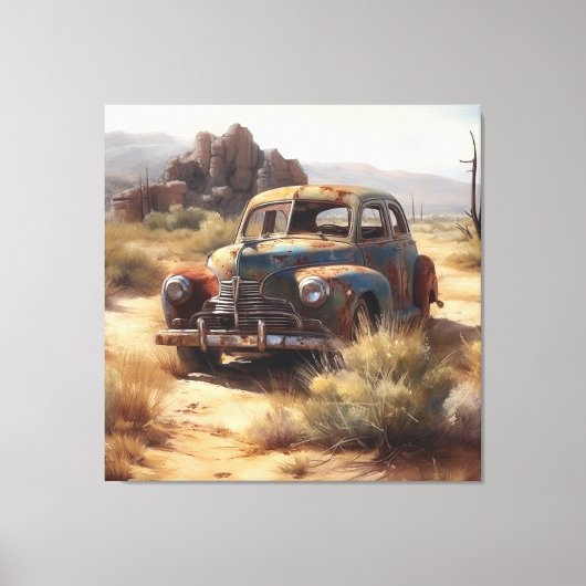 Verlaten auto in de woestijn canvas afdruk (Voorkant)
