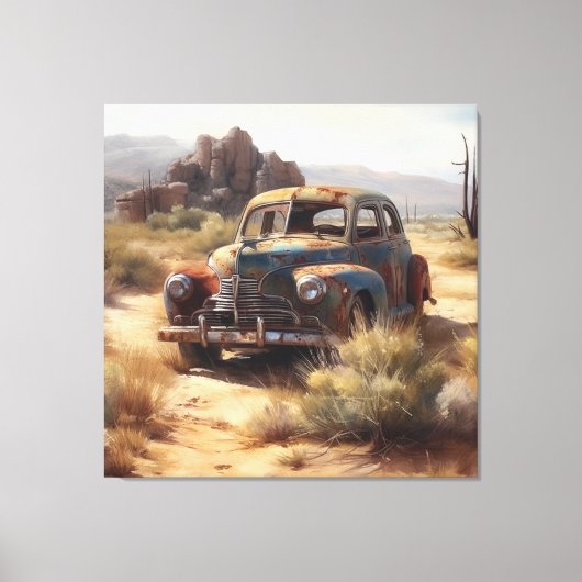 Verlaten auto in de woestijn canvas afdruk (Voorkant)