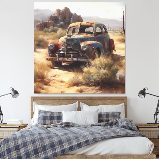 Verlaten auto in de woestijn canvas afdruk (Insitu (Slaapkamer))