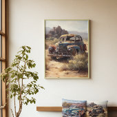 Verlaten auto in de woestijn canvas afdruk