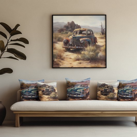 Verlaten auto in de woestijn canvas afdruk