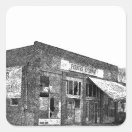 Verlaten boerenbedrijf in zwart-wit vierkante sticker